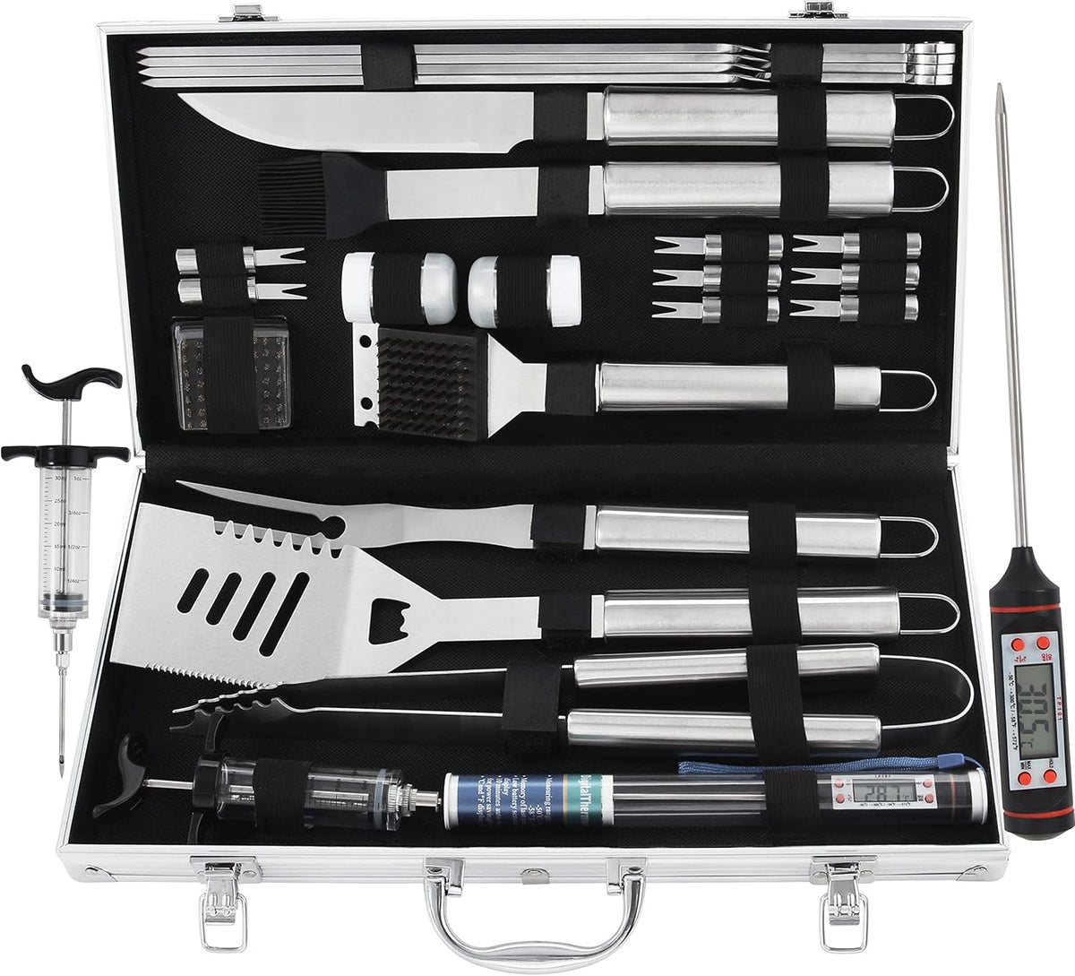24PCS Stainless Steel BBQ Grill Tools Set with Meat Thermometer and Injector V8637