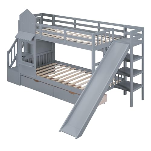 Full-Over-Full Wood Bunk Bed with Slide and Storage Staircase B365