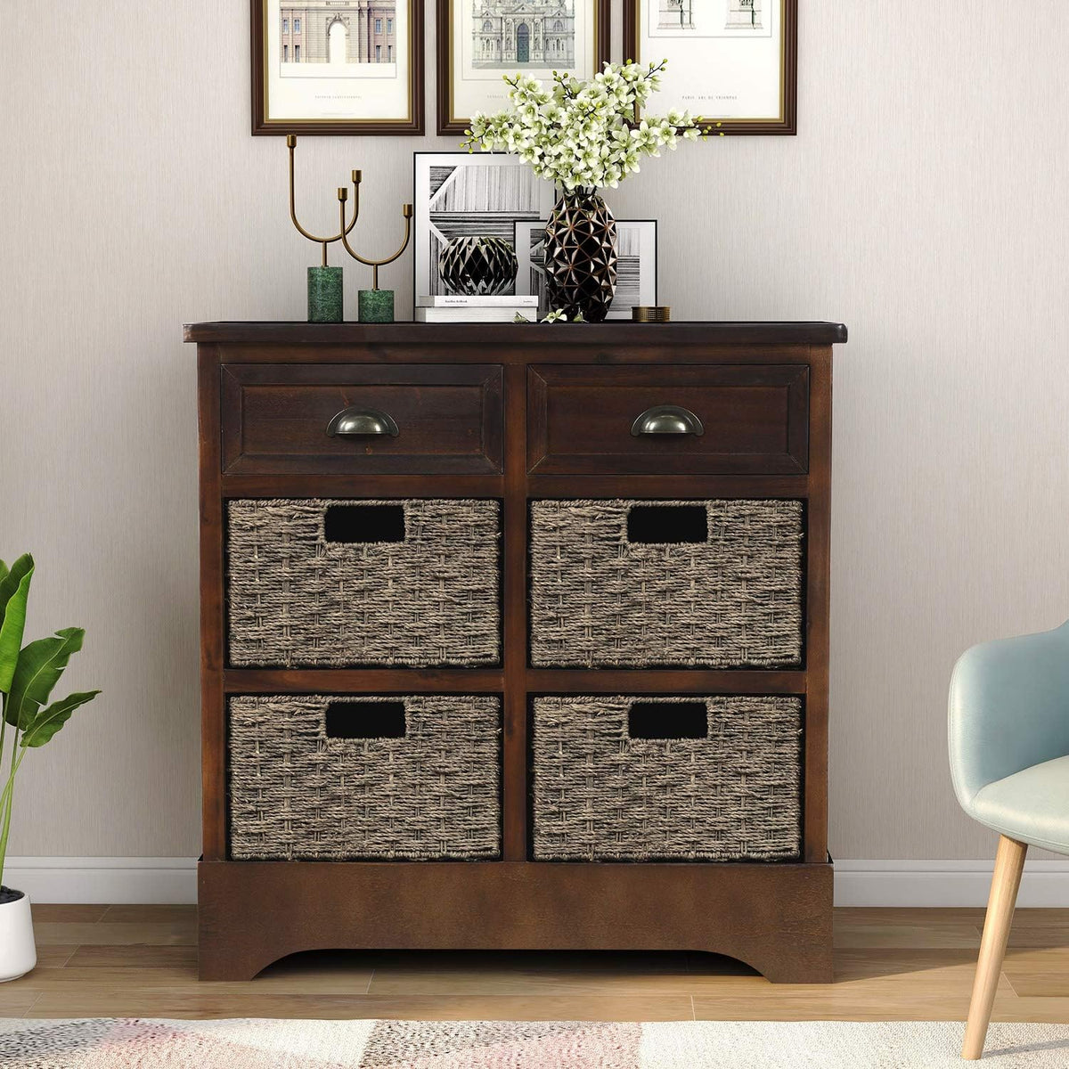 Rustic Storage Cabinet with Two Drawers and Four Fabric Basket (White) P607225