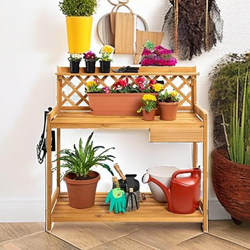 Wooden Potting Bench with Cabinet Drawer Y81294