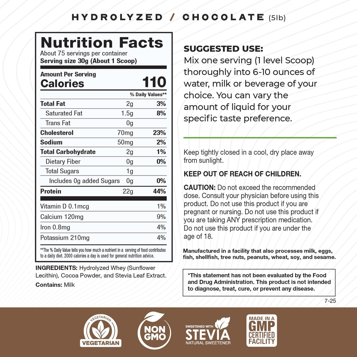 Grass Fed Hydrolyzed Whey Protein Powder, Chocolate (5lb) F339