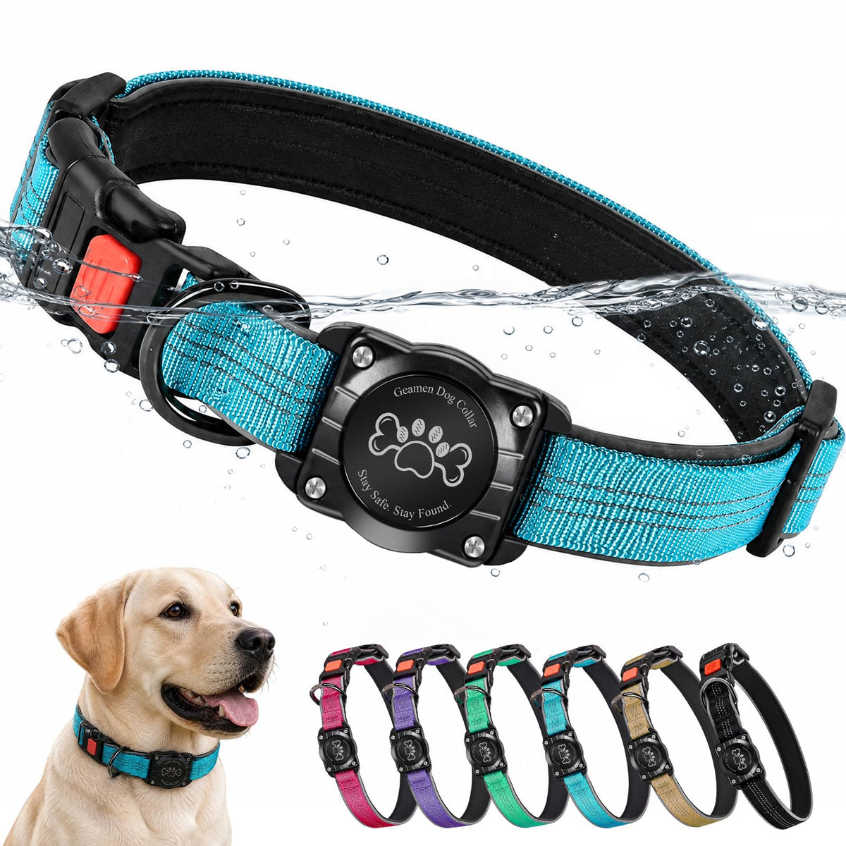 Blue IP68 Waterproof Reflective Dog Collar with AirTag Holder X522