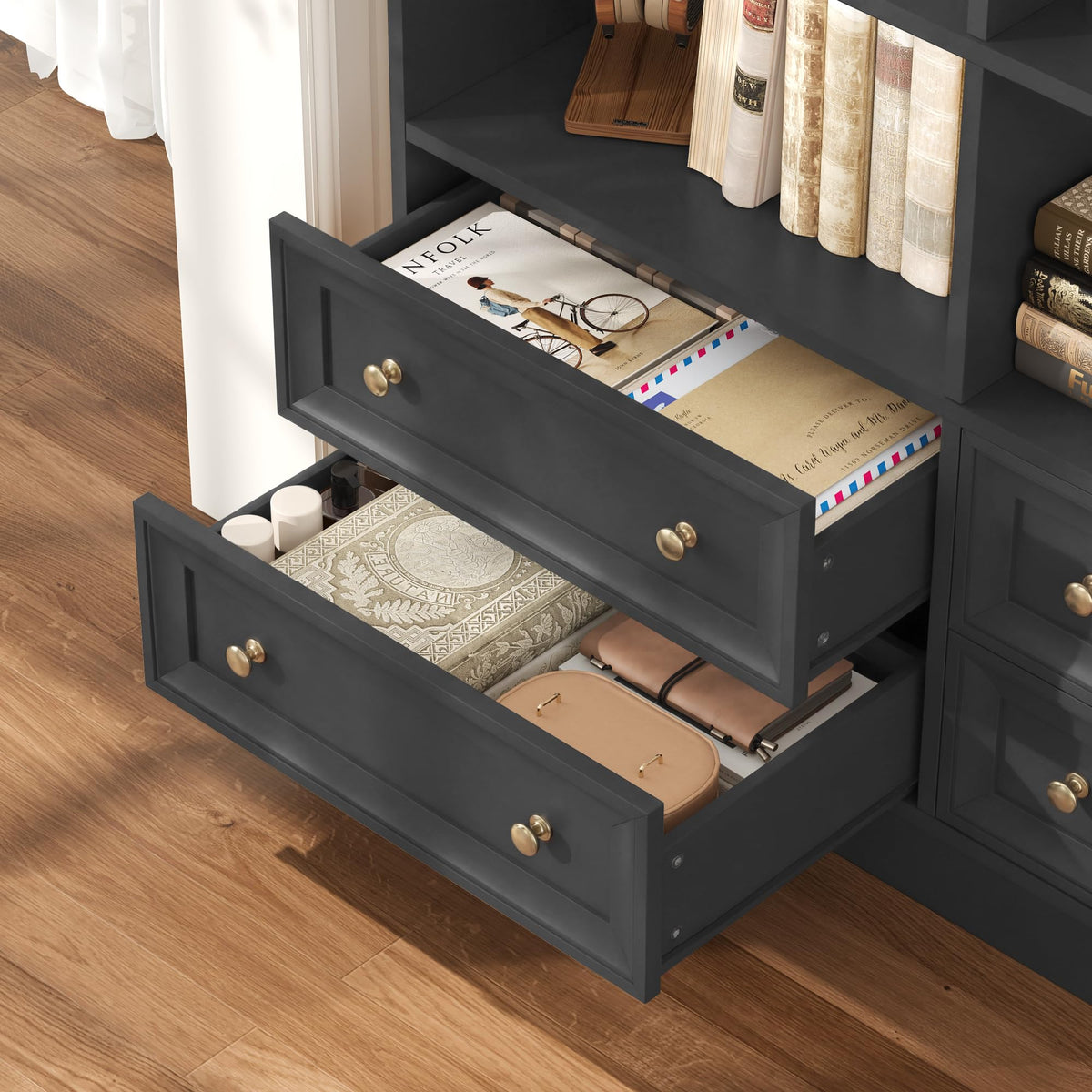 71" Tall Black Bookshelf with 4 Drawers A21583