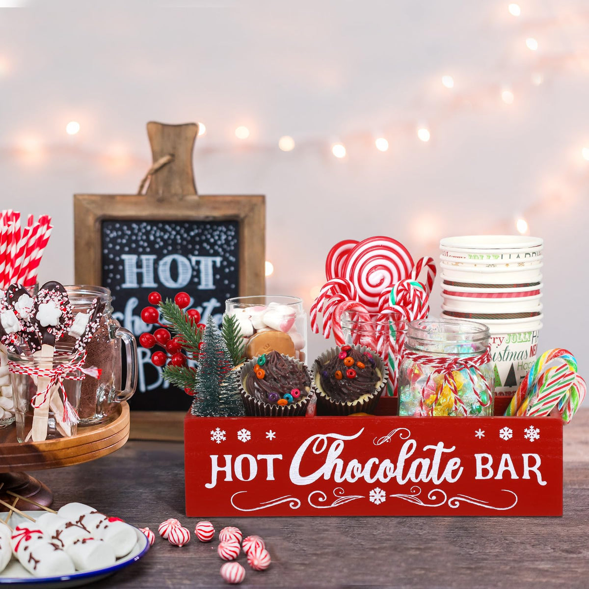 Christmas Hot Cocoa Bar Station Organizer Storage Box Wood Red K765512