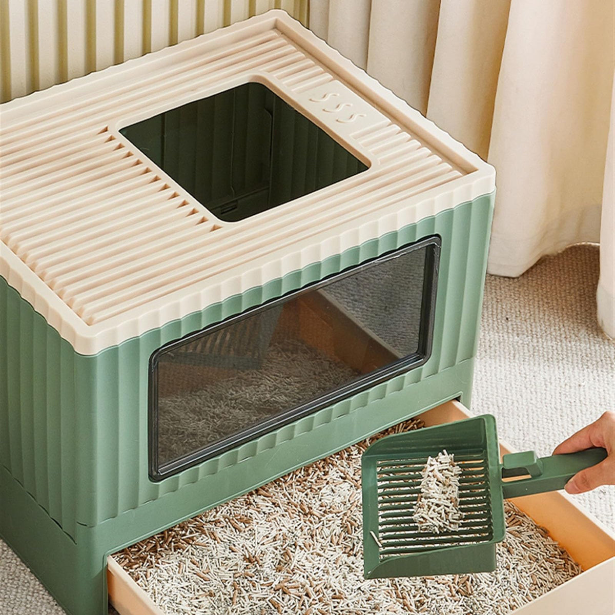 Top Entry Cat Litter Box with Lid Foldable Green Q840052