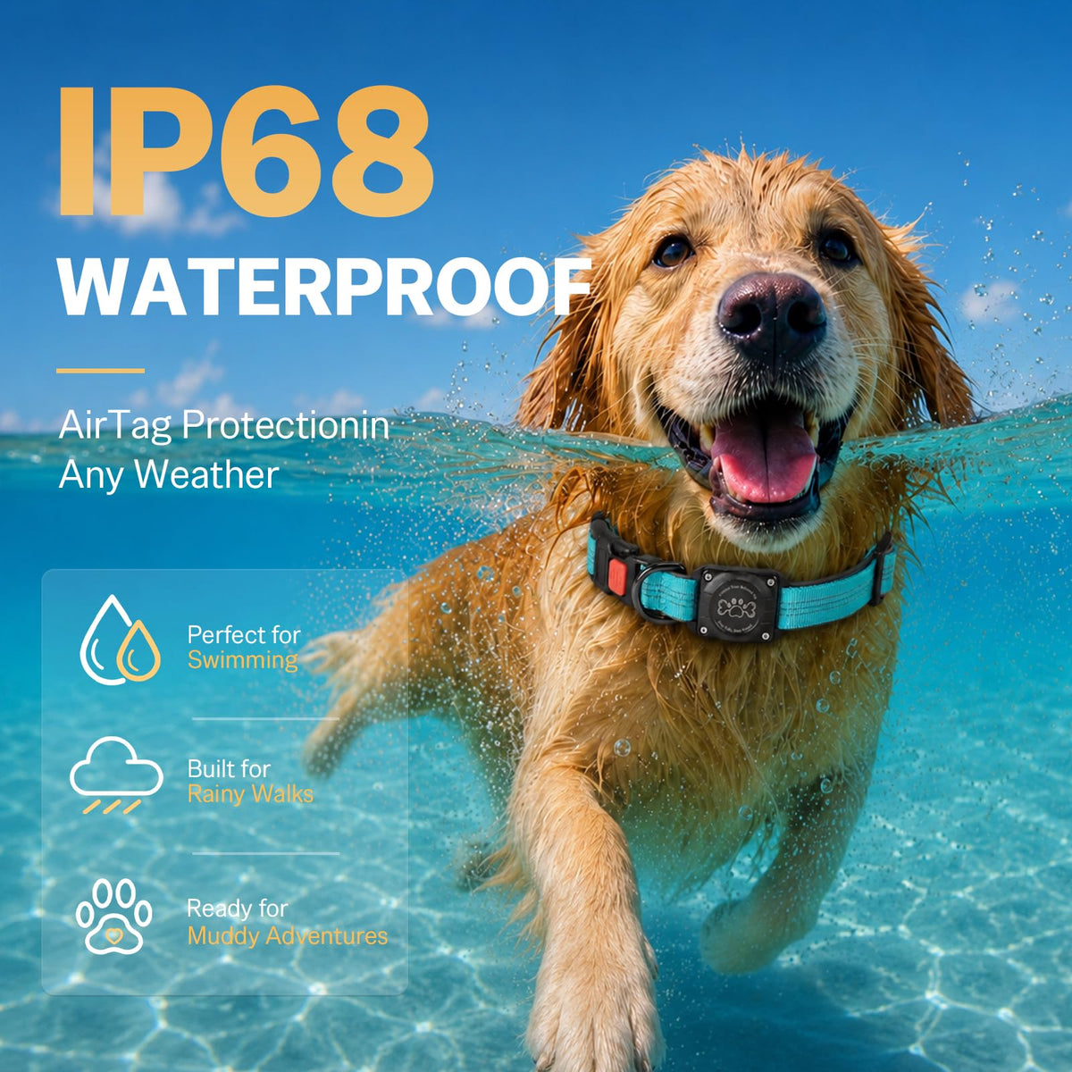 Blue IP68 Waterproof Reflective Dog Collar with AirTag Holder X522