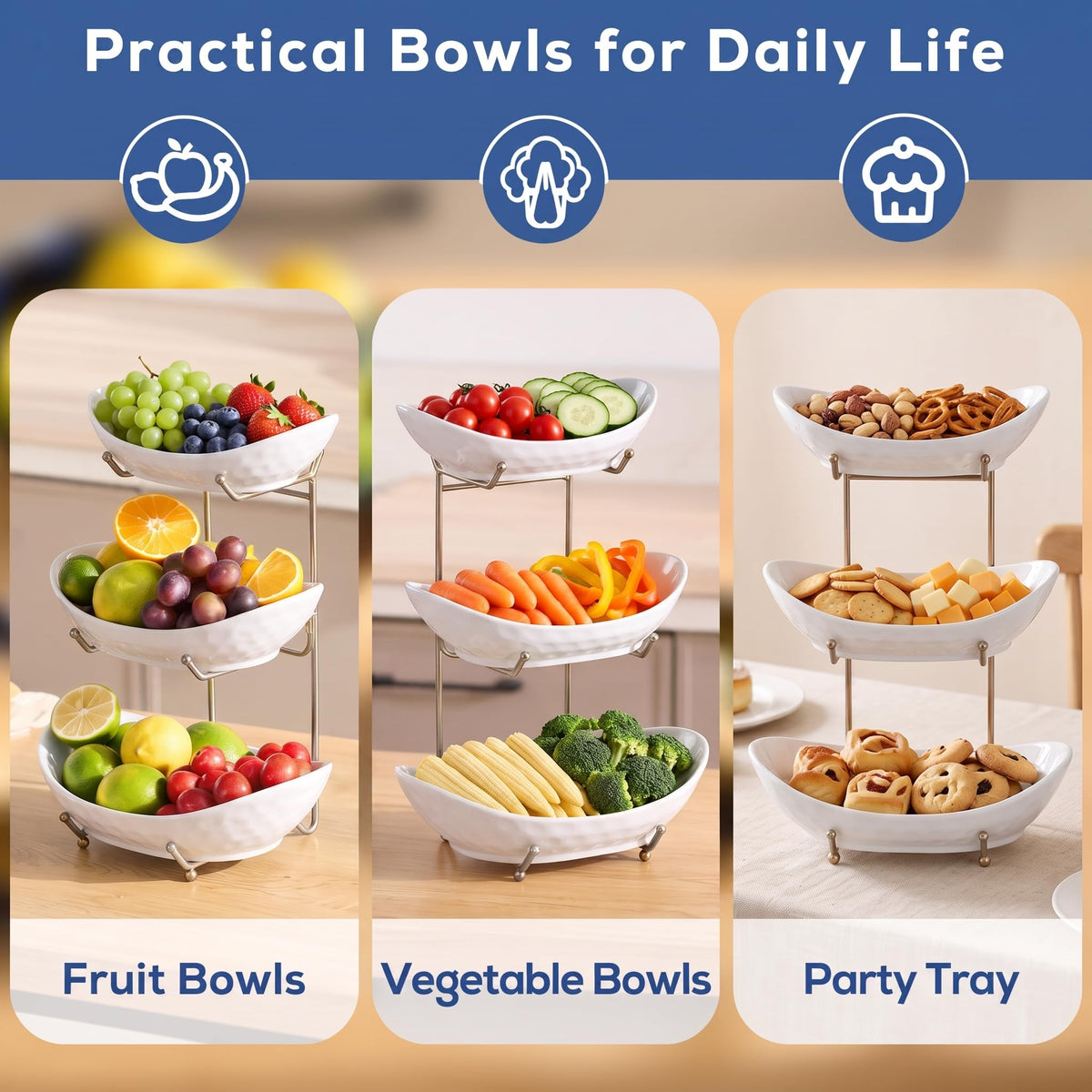 3 Tier Ceramic Fruit Bowl with Metal Rack R233
