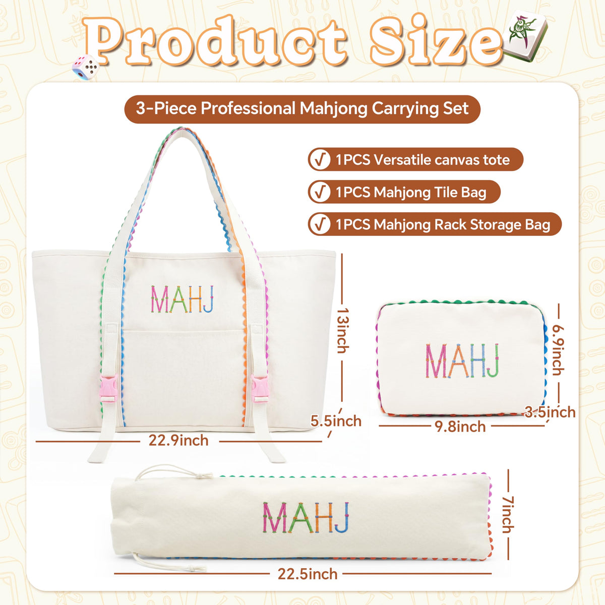 3 Pcs Canvas Mahjong Bag Set A299602