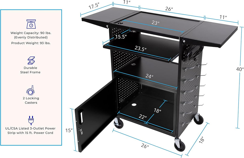 AV Cart with Pegboard Siding, 12 Hooks, Locking Cabinet, Pullout Keyboard Tray, Locking Wheels E650