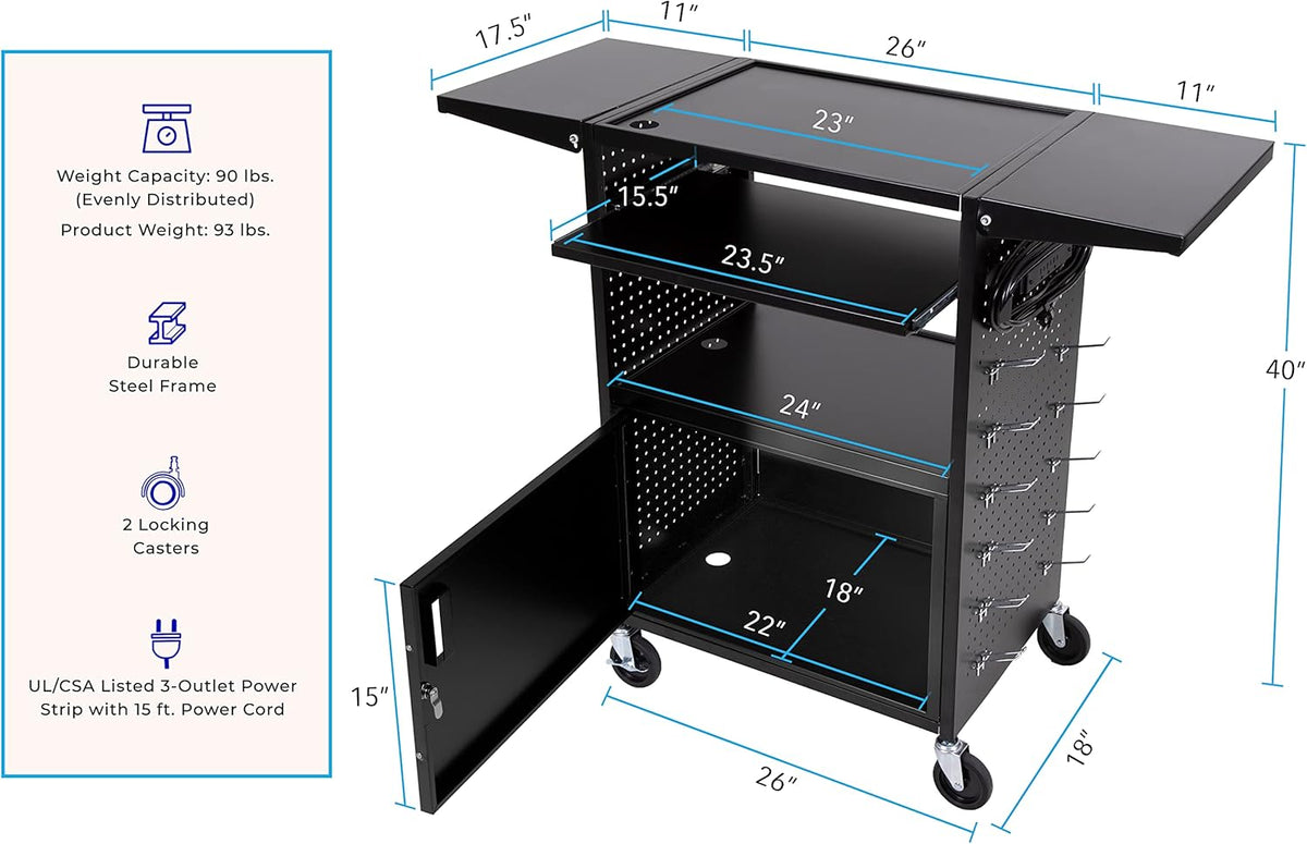 AV Cart with Pegboard Siding, 12 Hooks, Locking Cabinet, Pullout Keyboard Tray, Locking Wheels E650