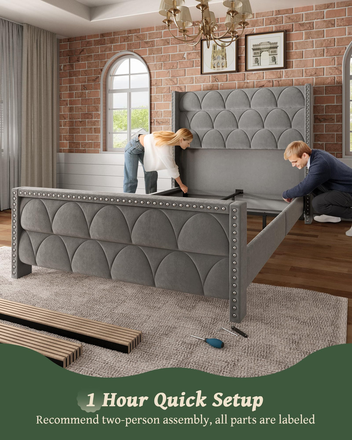 Queen Size Velvet Upholstered Platform Bed Frame V27022