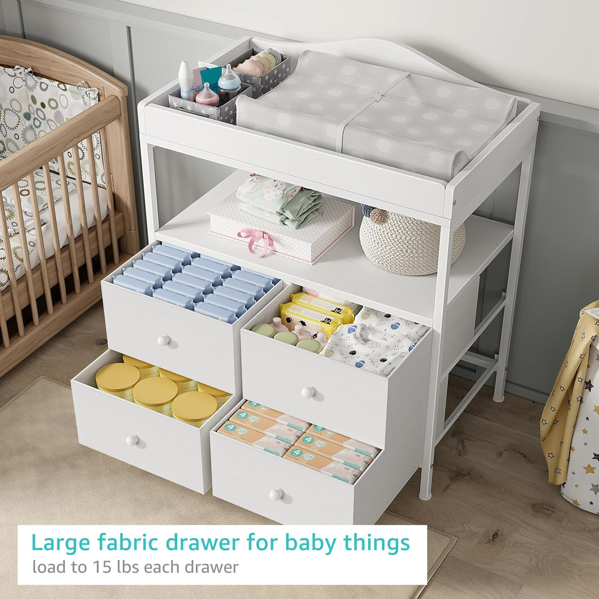 White Changing Table Dresser with 4 Fabric Drawers and Open Shelf R428