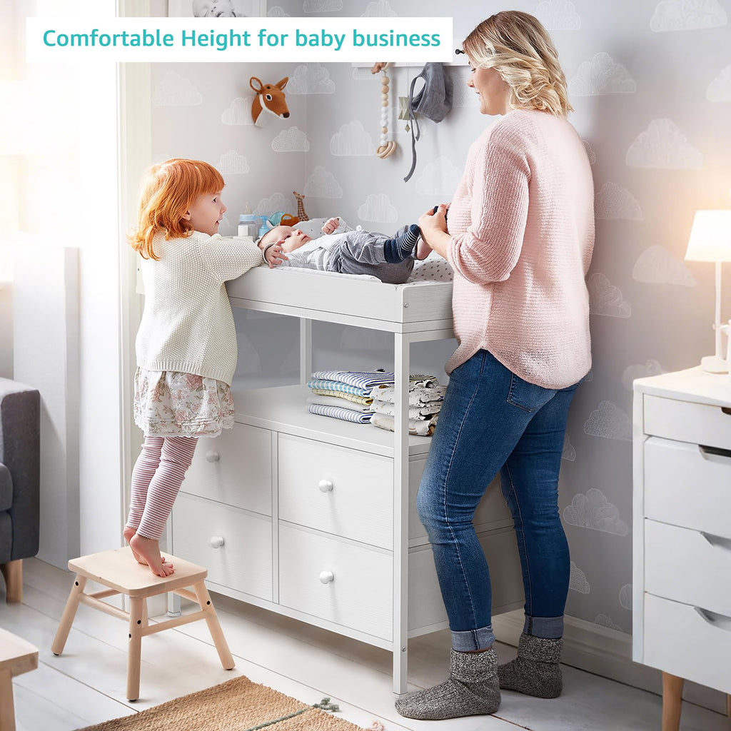 White Changing Table Dresser with 4 Fabric Drawers and Open Shelf R428