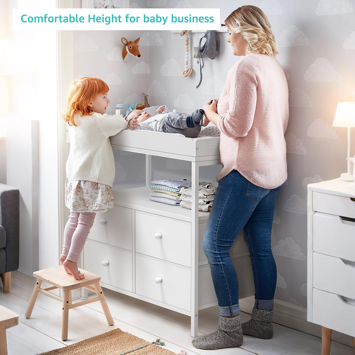 White Changing Table Dresser with 4 Fabric Drawers and Open Shelf R428