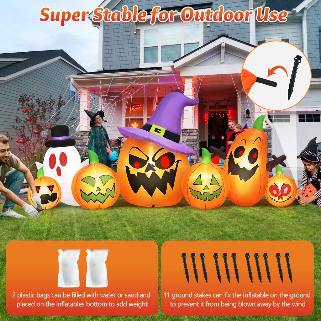 8FT Halloween Inflatables Pumpkin Witch Hat & Ghost Combo B3261