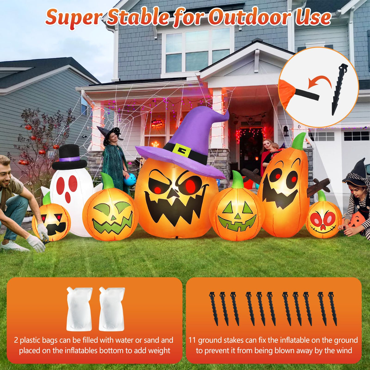 8FT Halloween Inflatables Pumpkin Witch Hat & Ghost Combo B3261