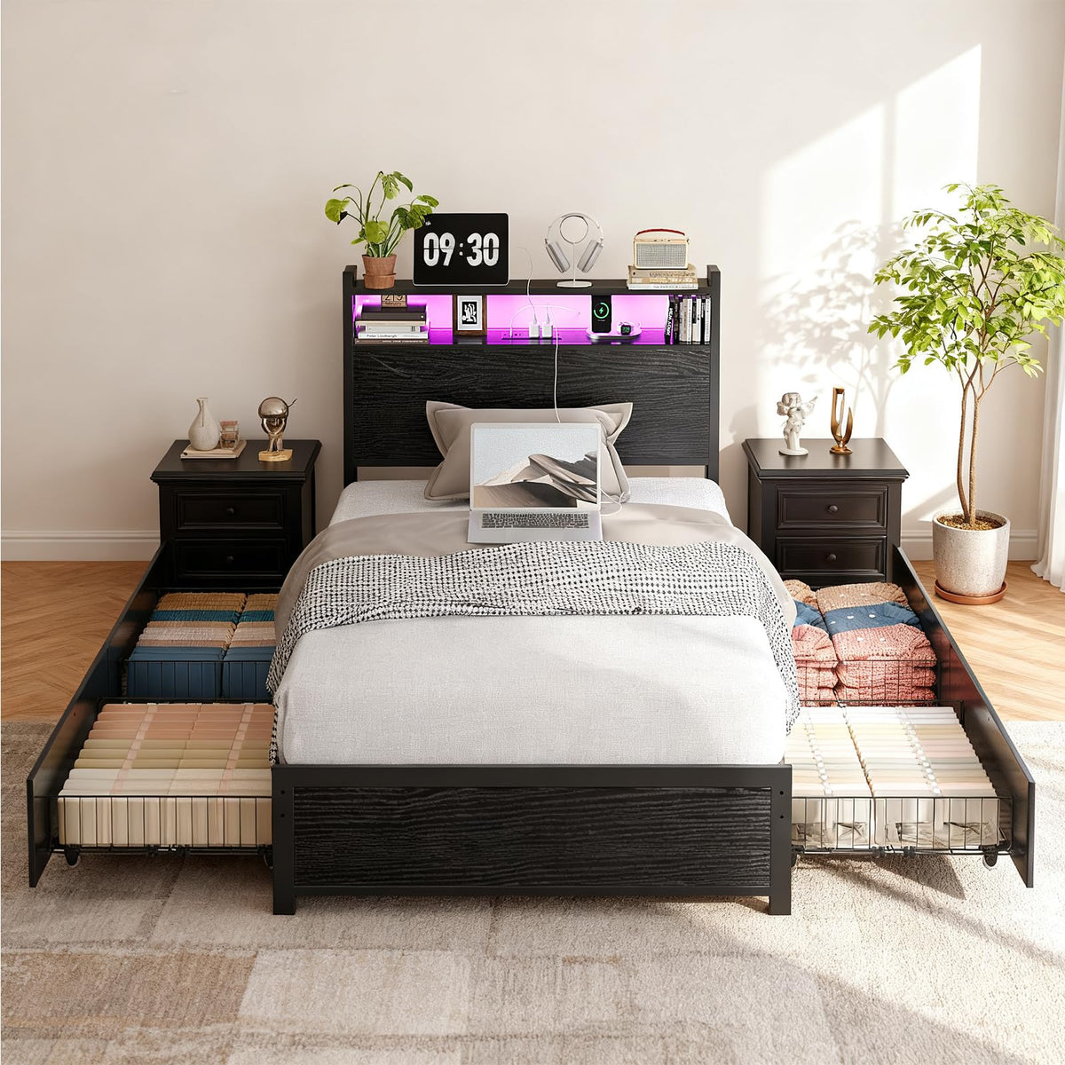 Black Twin Size Metal Bed Frame with 4 Drawers and Storage Headboard Z147