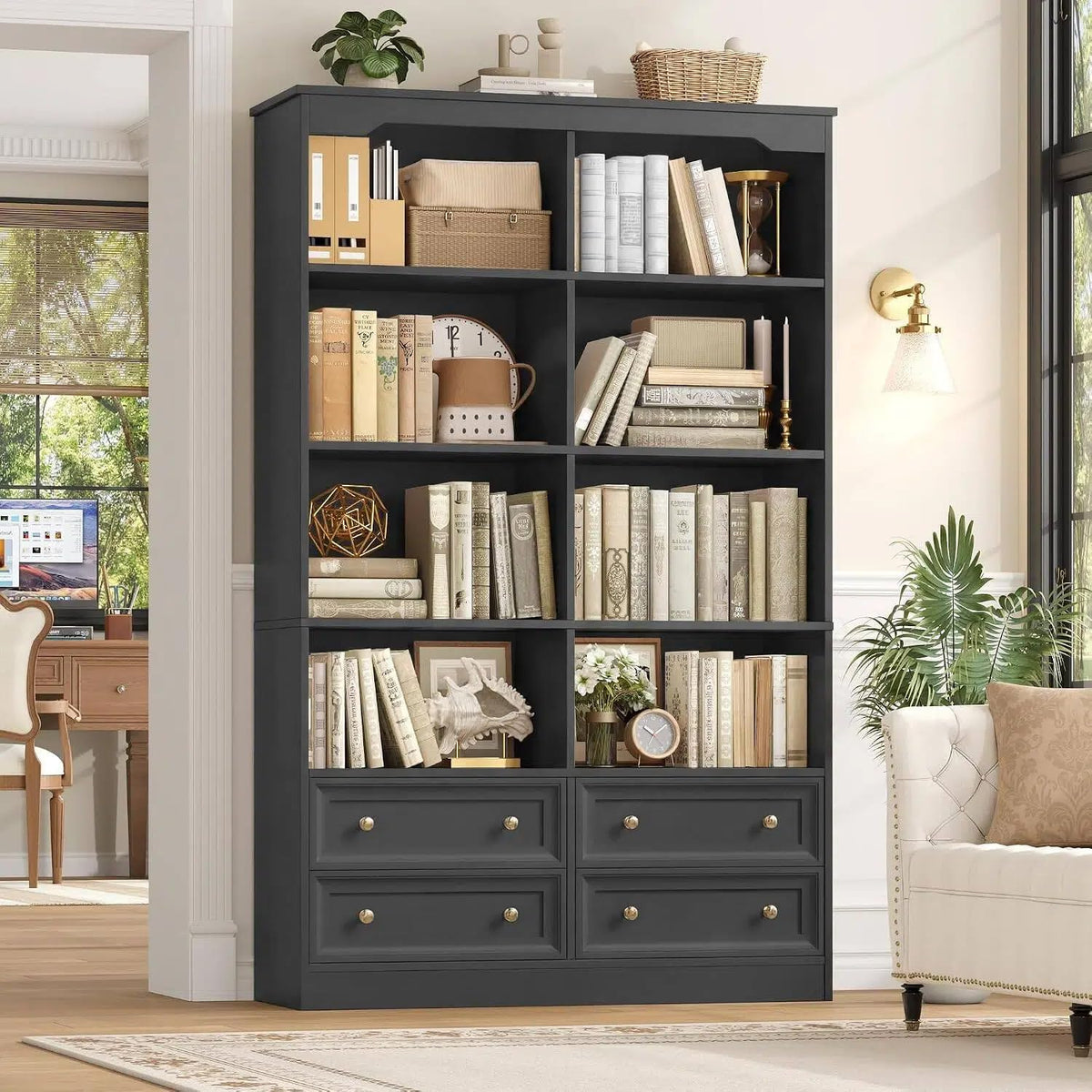 71" Tall Black Bookshelf with 4 Drawers A21583