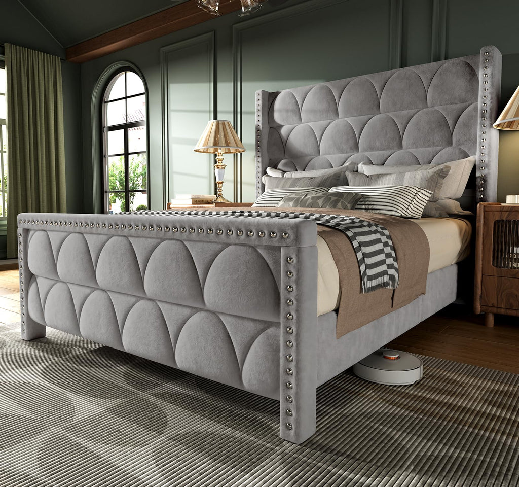 Queen Size Velvet Upholstered Platform Bed Frame V27022