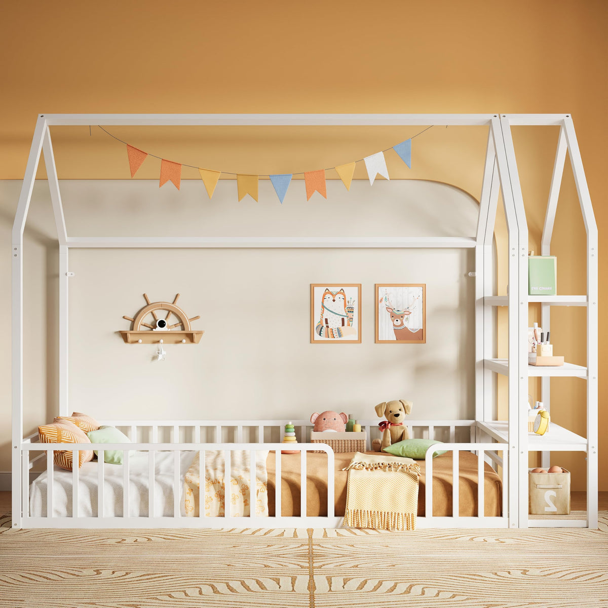 Twin White Metal Floor Bed with 3-Tier Shelves J90204