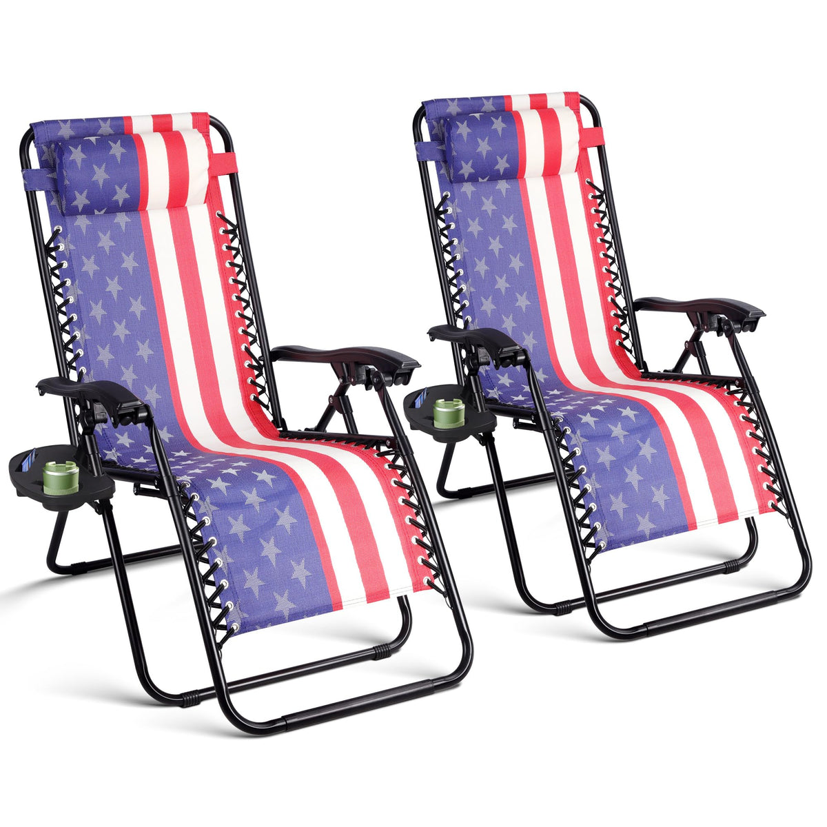 Set of 2 Adjustable Steel Mesh Zero Gravity Lounge Chairs with Pillows & Cup Holder Trays T86793