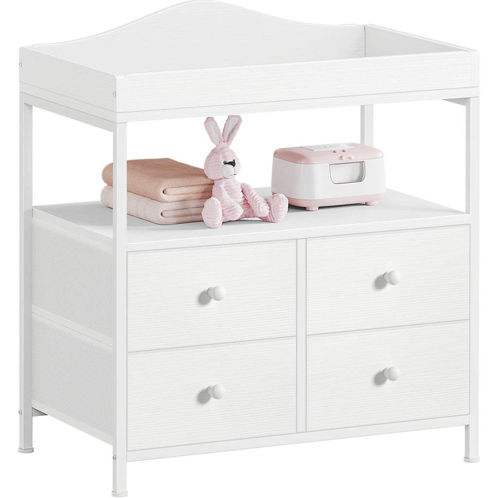 White Changing Table Dresser with 4 Fabric Drawers and Open Shelf R428