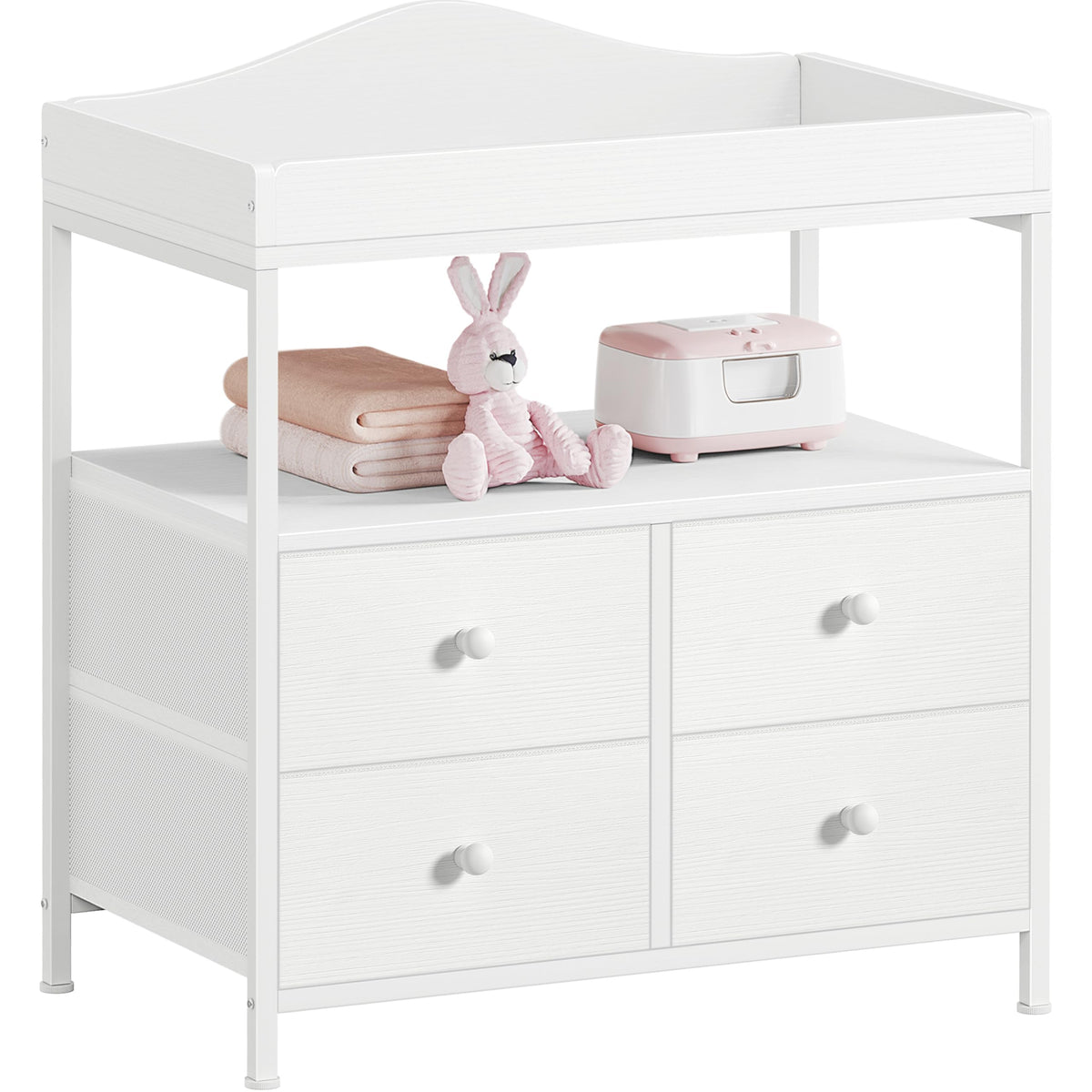 White Changing Table Dresser with 4 Fabric Drawers and Open Shelf R428