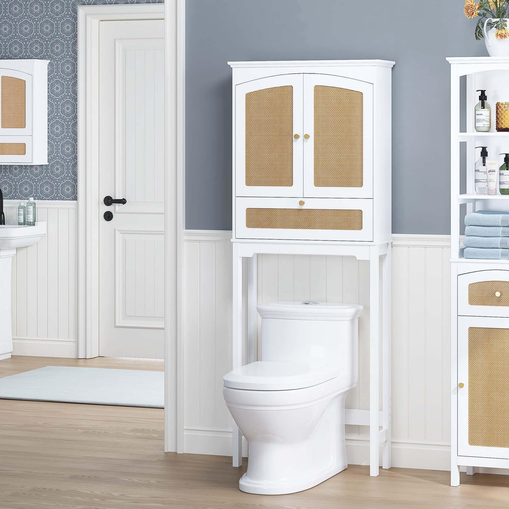 Over the Toilet Storage Cabinet with Arched Rattan Doors, White A708