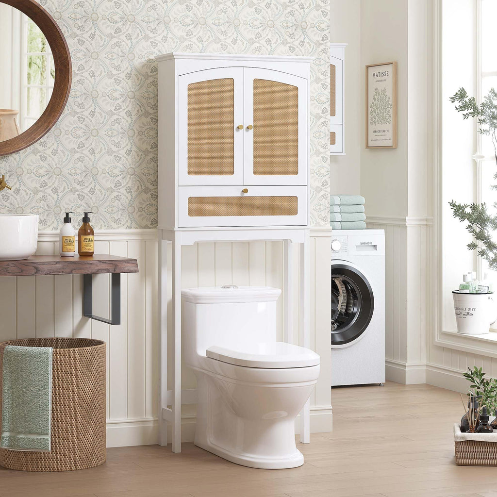 Over the Toilet Storage Cabinet with Arched Rattan Doors, White A708