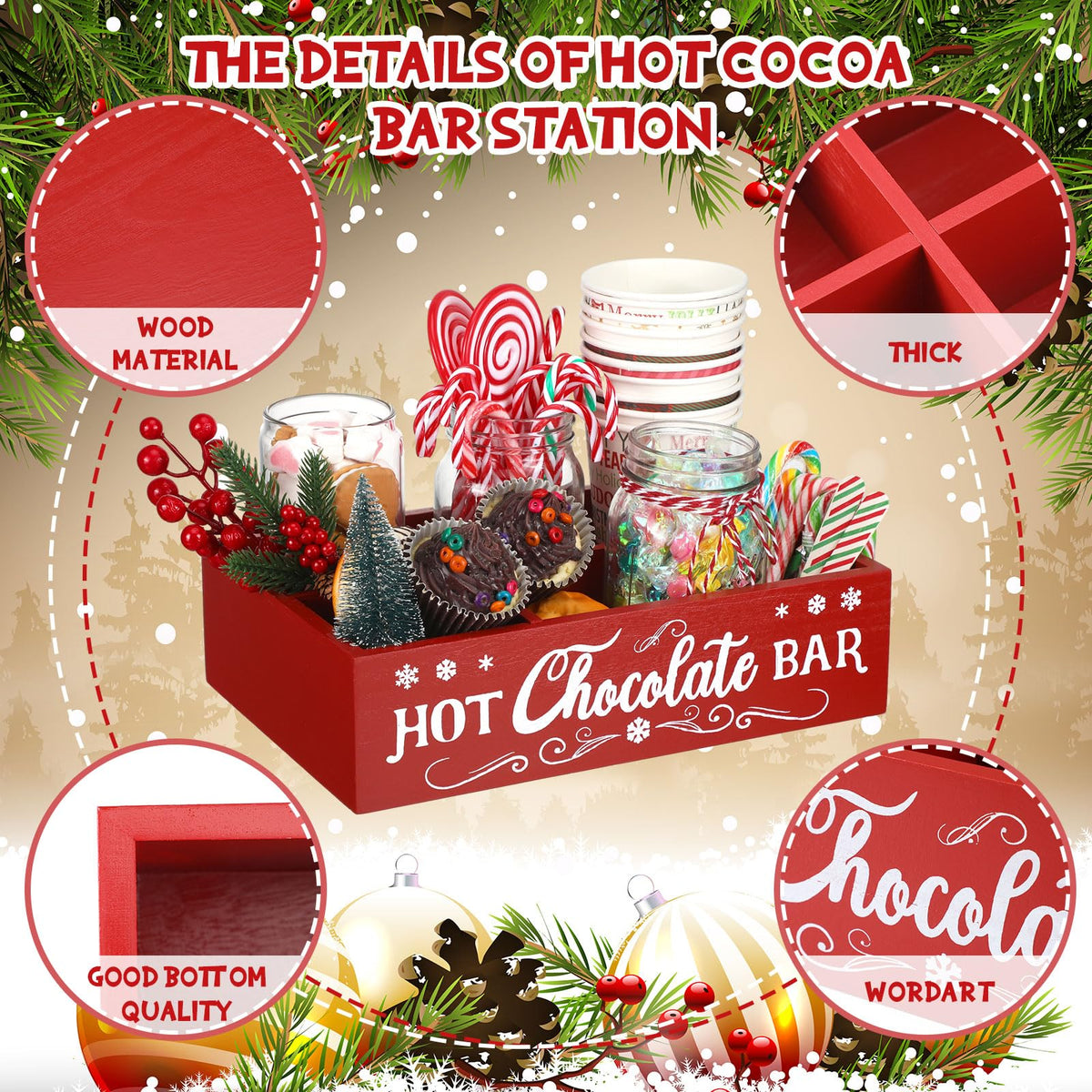 Christmas Hot Cocoa Bar Station Organizer Storage Box Wood Red K765512