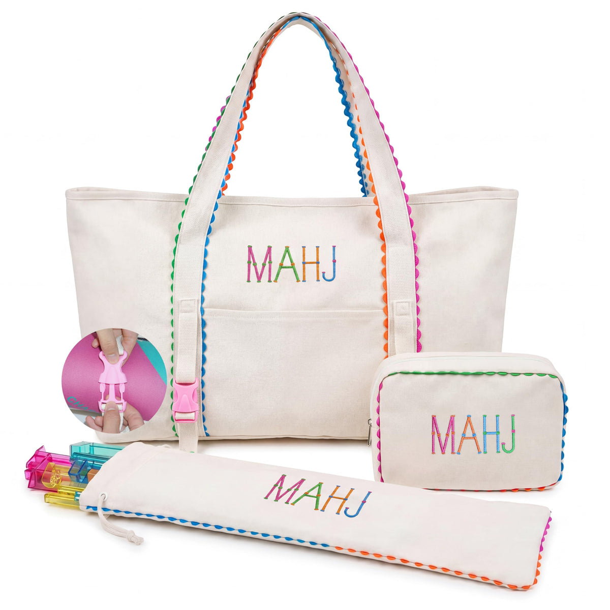 3 Pcs Canvas Mahjong Bag Set A299602