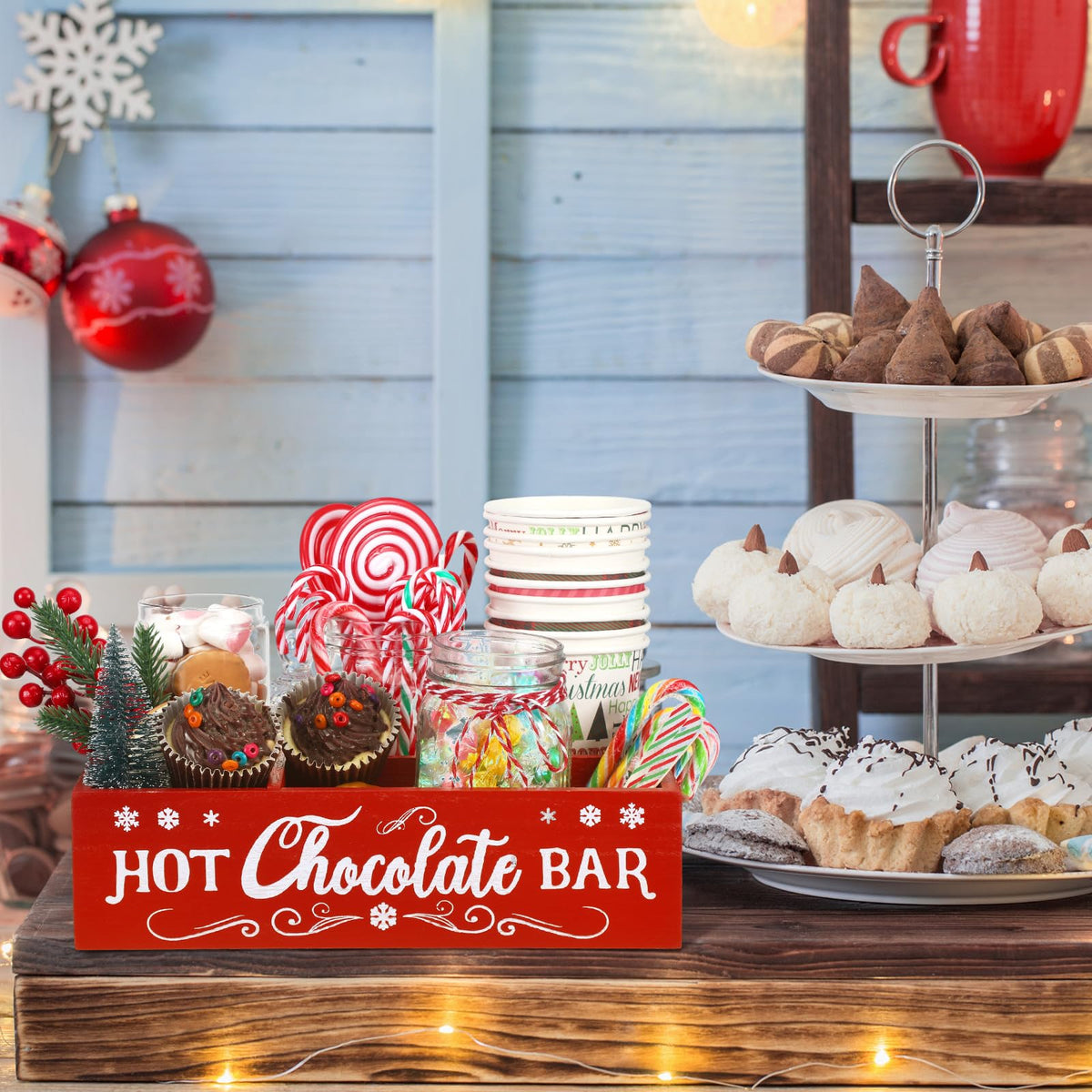 Christmas Hot Cocoa Bar Station Organizer Storage Box Wood Red K765512