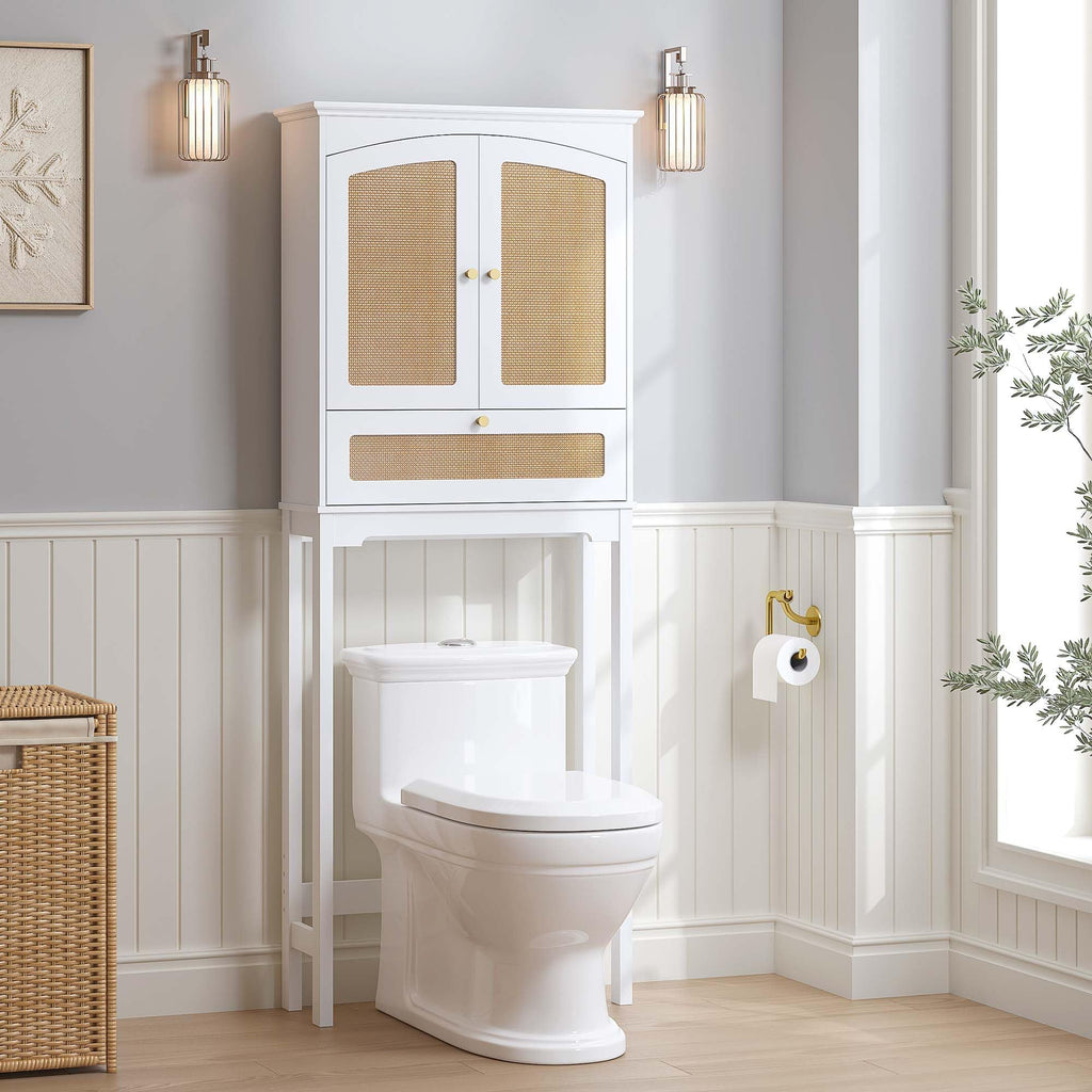 Over the Toilet Storage Cabinet with Arched Rattan Doors, White A708