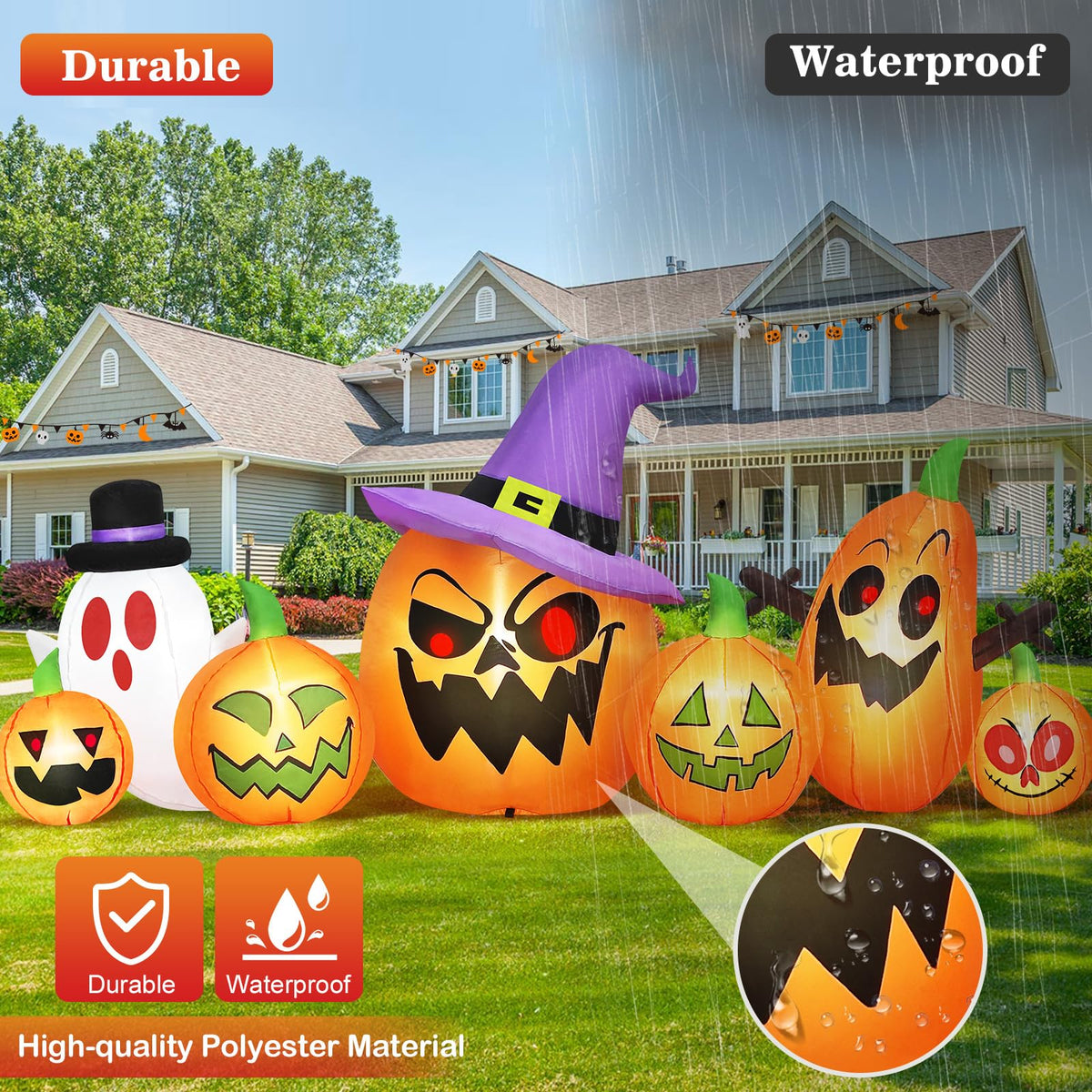8FT Halloween Inflatables Pumpkin Witch Hat & Ghost Combo B3261