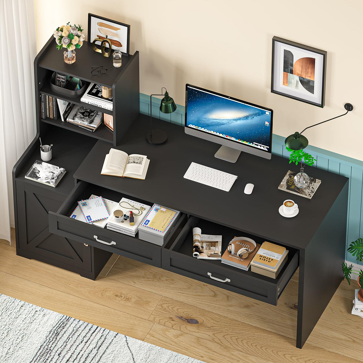 60" Computer Desk with Drawers & Bookshelves Y3535