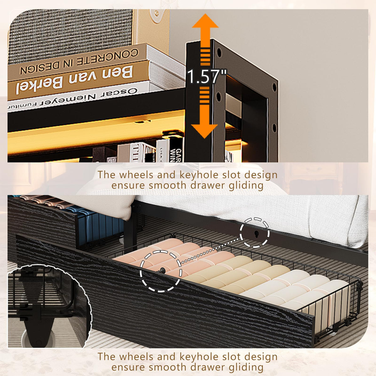 Black Twin Size Metal Bed Frame with 4 Drawers and Storage Headboard Z147