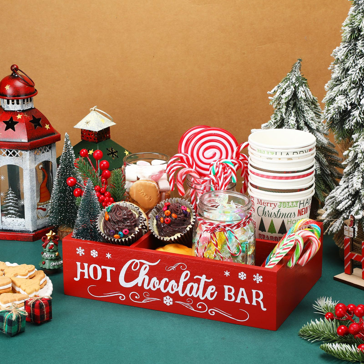 Christmas Hot Cocoa Bar Station Organizer Storage Box Wood Red K765512