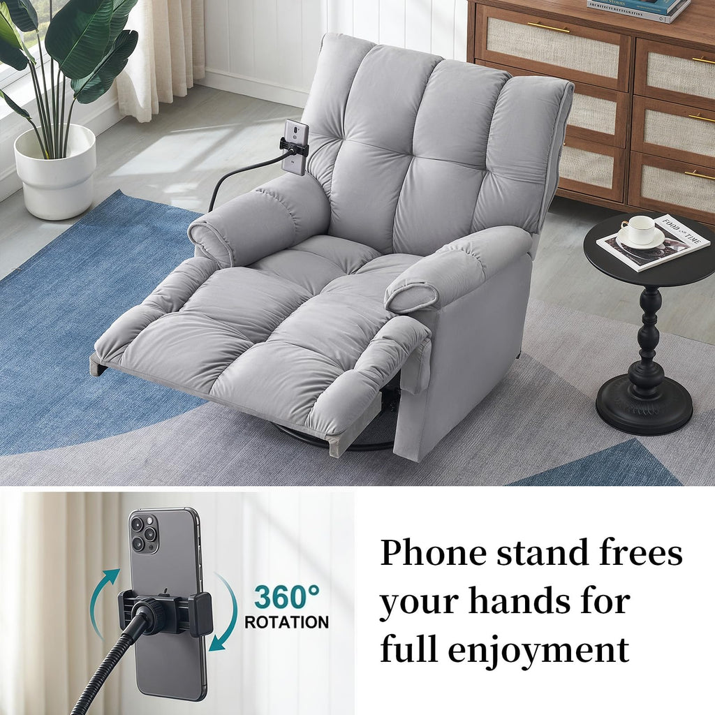 Velvet Swivel Recliner Accent Chair with Detachable Side Phone Holder I6509