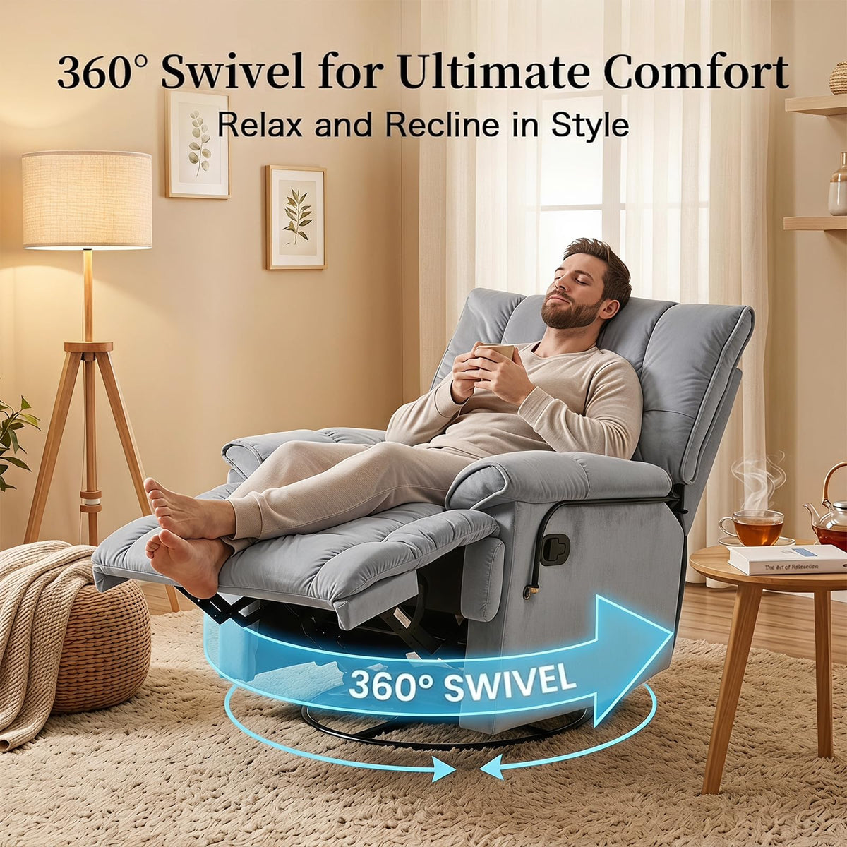 Velvet Swivel Recliner Accent Chair with Detachable Side Phone Holder I6509