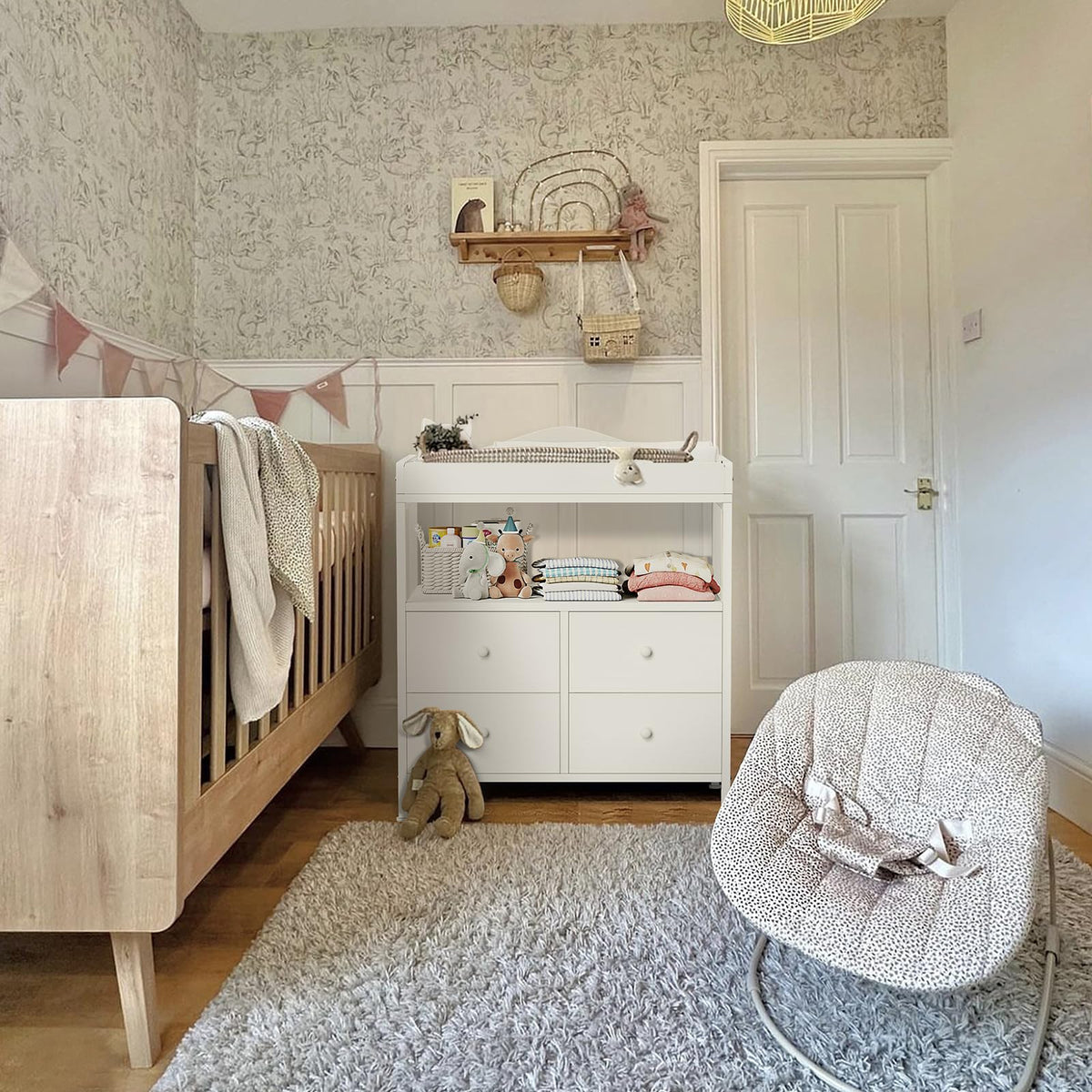 White Changing Table Dresser with 4 Fabric Drawers and Open Shelf R428