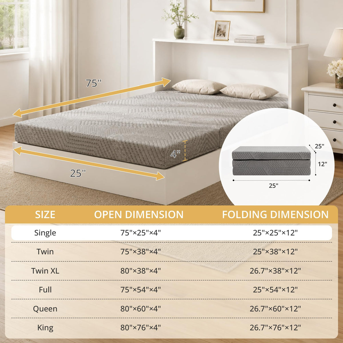 4 Inch Tri-Fold Gel Memory Foam Mattress K618547