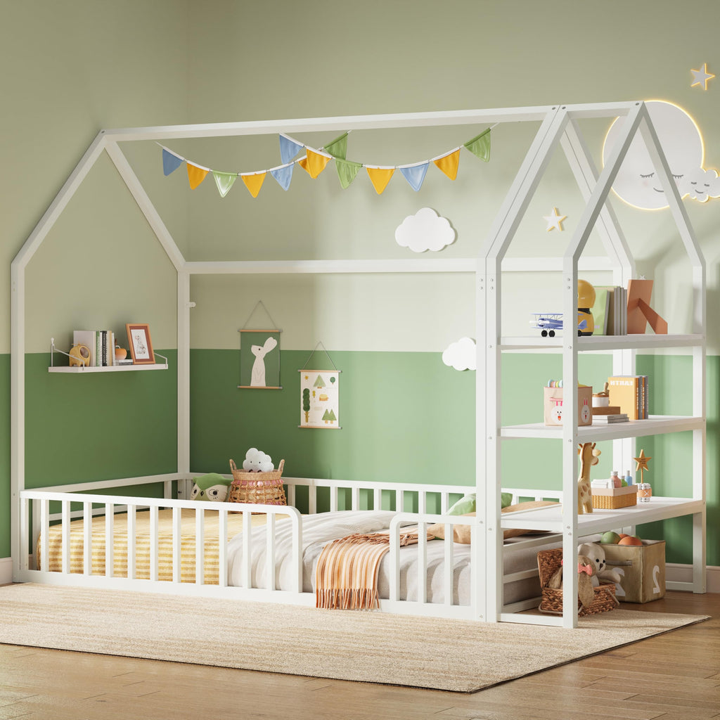 Twin White Metal Floor Bed with 3-Tier Shelves J90204