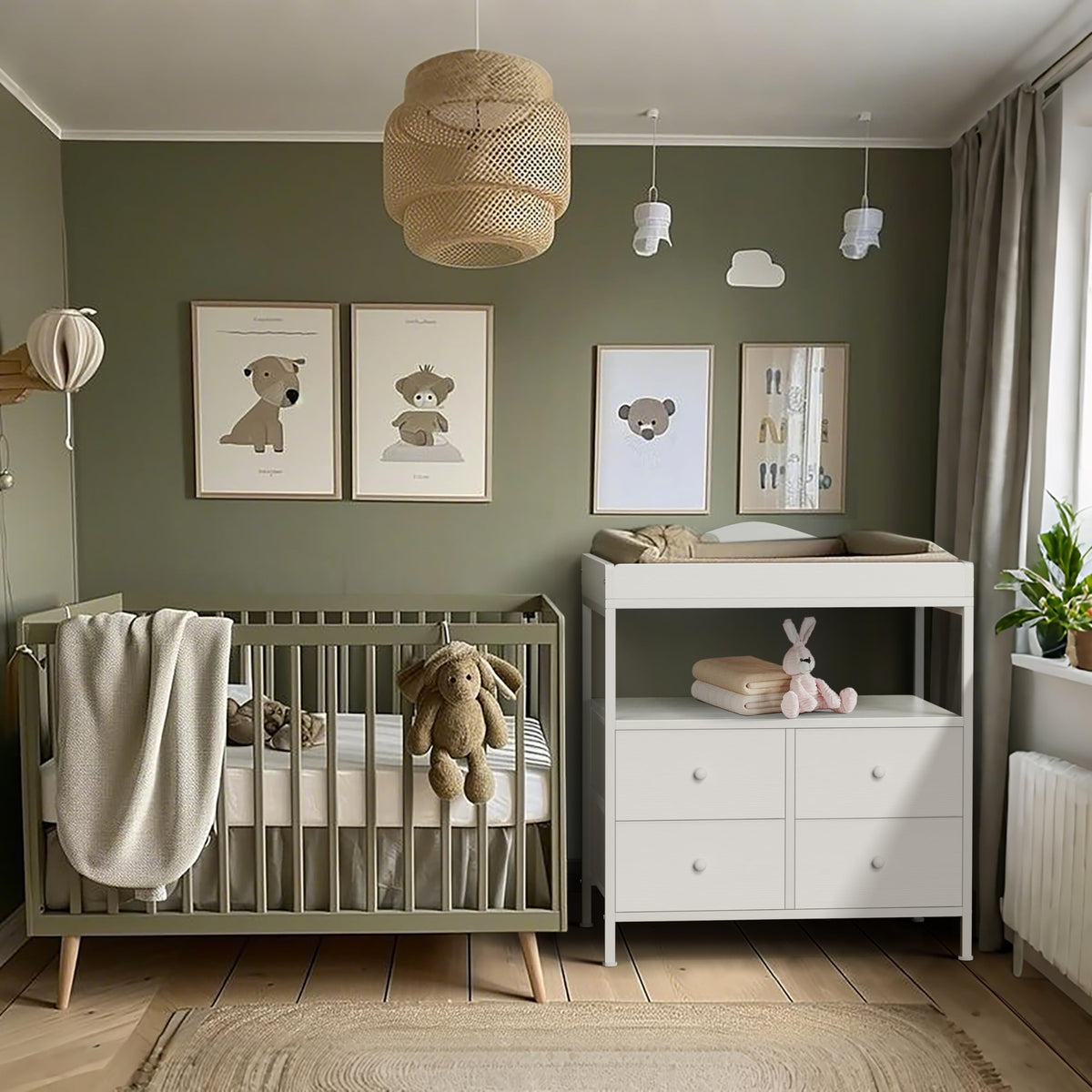 White Changing Table Dresser with 4 Fabric Drawers and Open Shelf R428