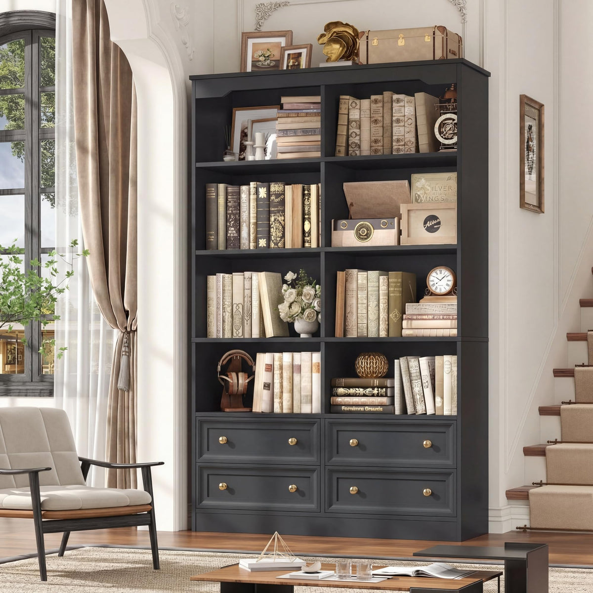 71" Tall Black Bookshelf with 4 Drawers A21583