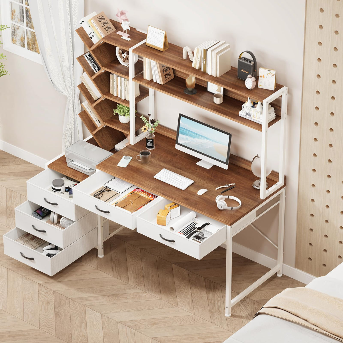 52" Computer Desk with Bookshelf, 5 Drawers & Hutch J8726