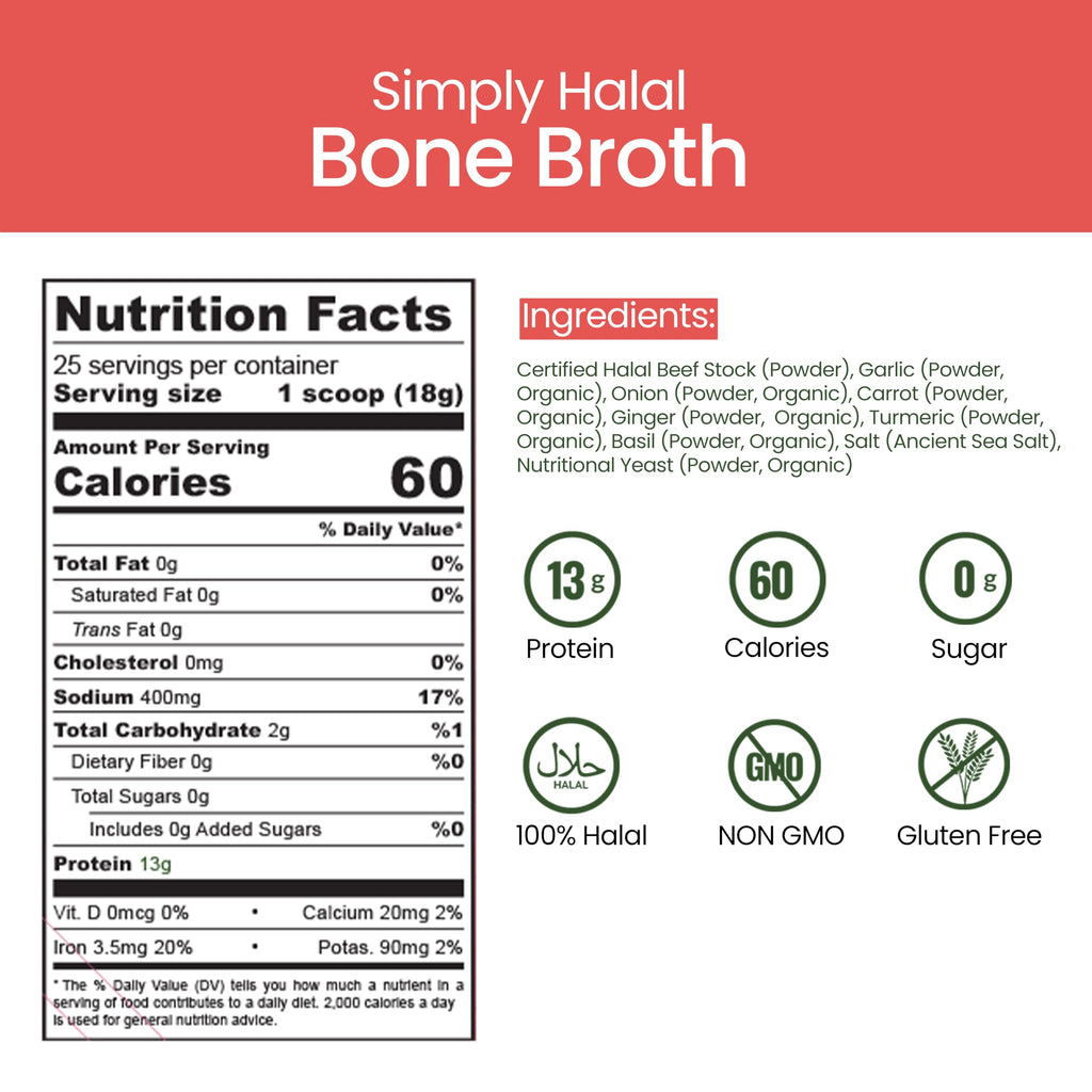 Halal Bone Broth Protein Powder, Grass-Fed Hydrolyzed Collagen, 25 Servings 16 Oz J808613