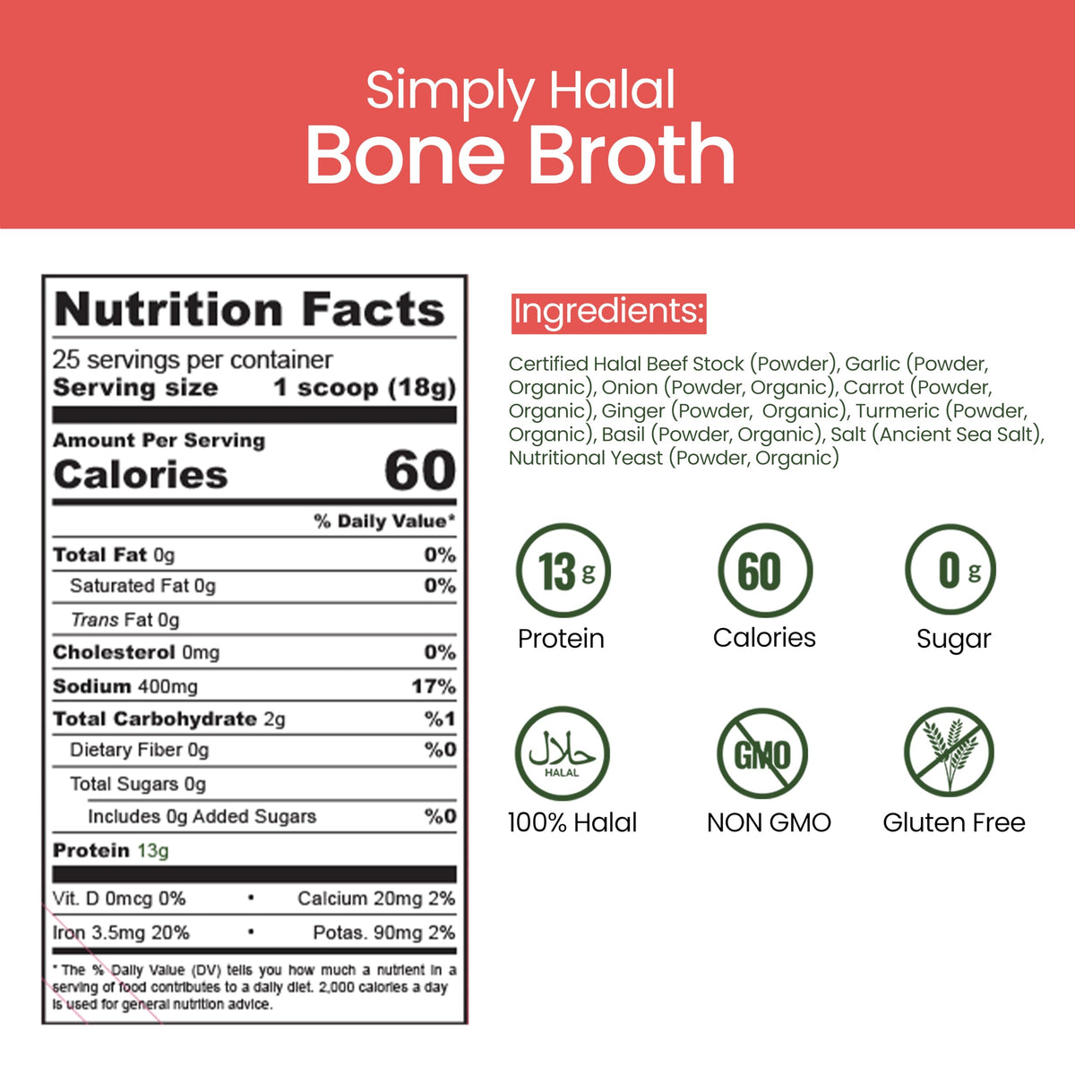 Halal Bone Broth Protein Powder, Grass-Fed Hydrolyzed Collagen, 25 Servings 16 Oz J808613
