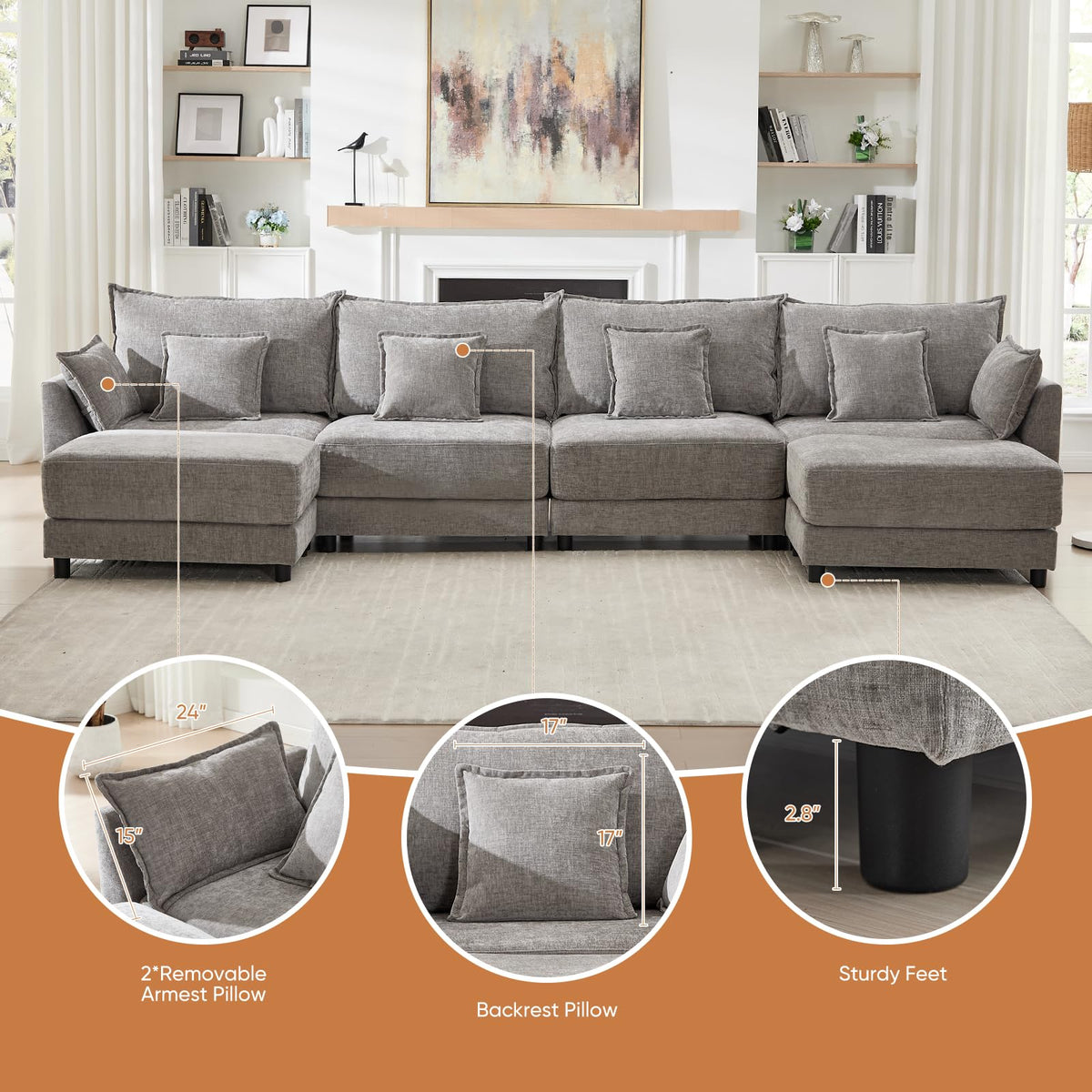 Light Gray Chenille 2 Seater Sofa with Pillows X728