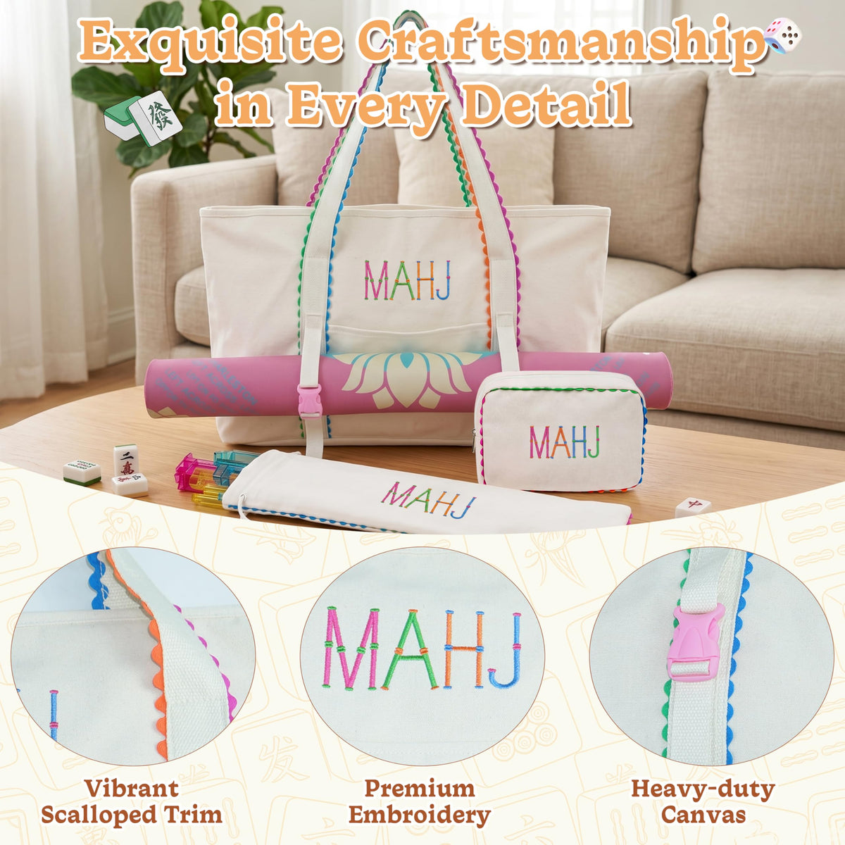 3 Pcs Canvas Mahjong Bag Set A299602