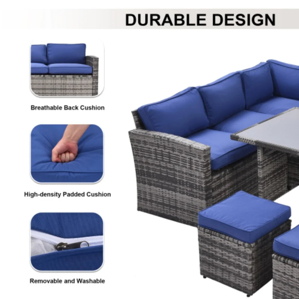 7 Piece Outdoor Patio Furniture Set with Dining Table, Chairs and Ottomans D609